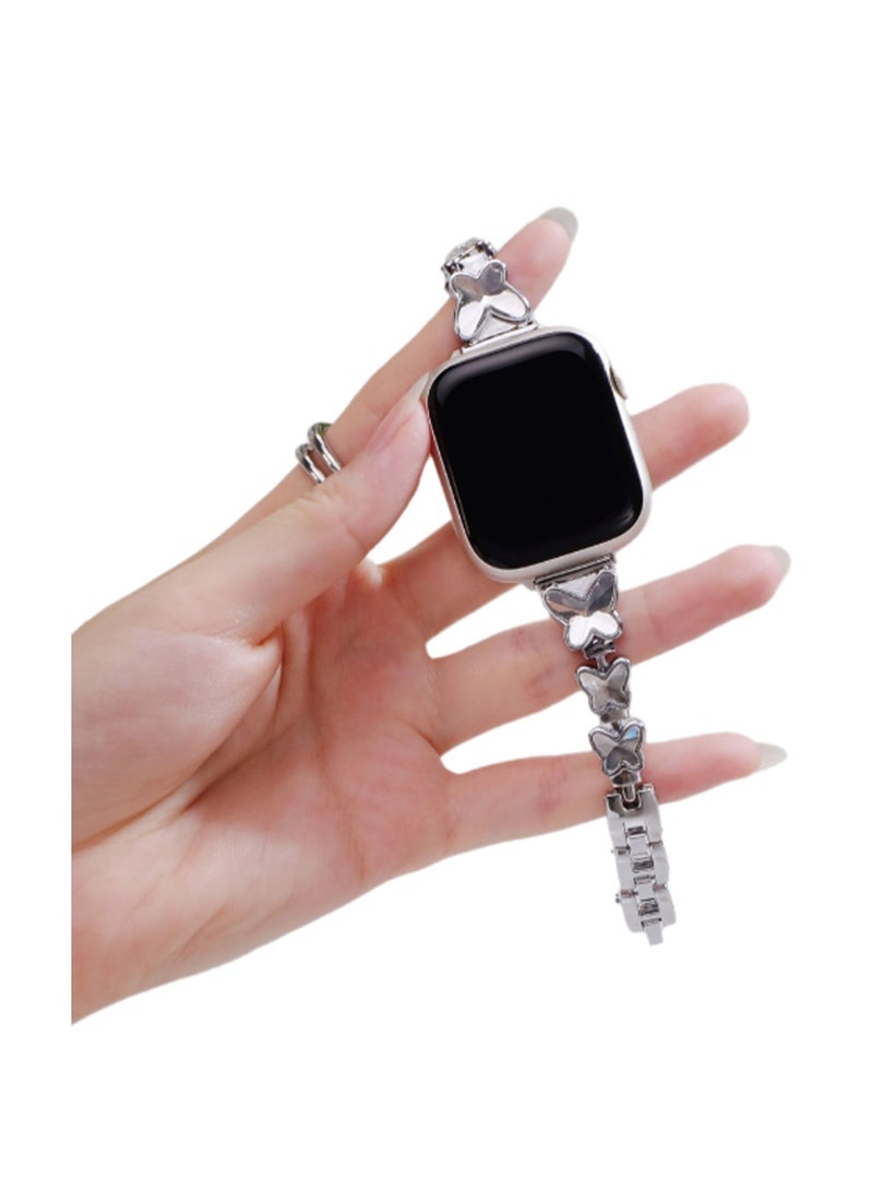 سلسلة فضية 42-44-45-49 مم/S10 متوافقة عالميًا مع Apple Watch، سوار معدني على شكل فراشة للنساء متوافق مع سلسلة Iwatch من 1 إلى 9 أجيال - Image 1